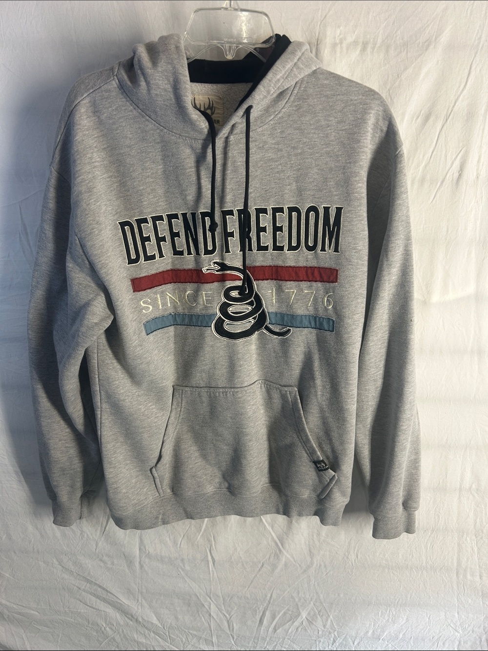 Defend Freedom Gray Pullover Hoodie with Embroidered Graphic